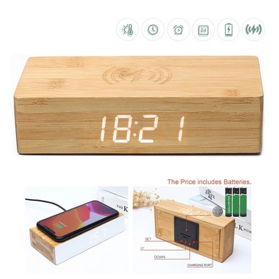5W Wireless Charging Bamboo LED Alarm Clock